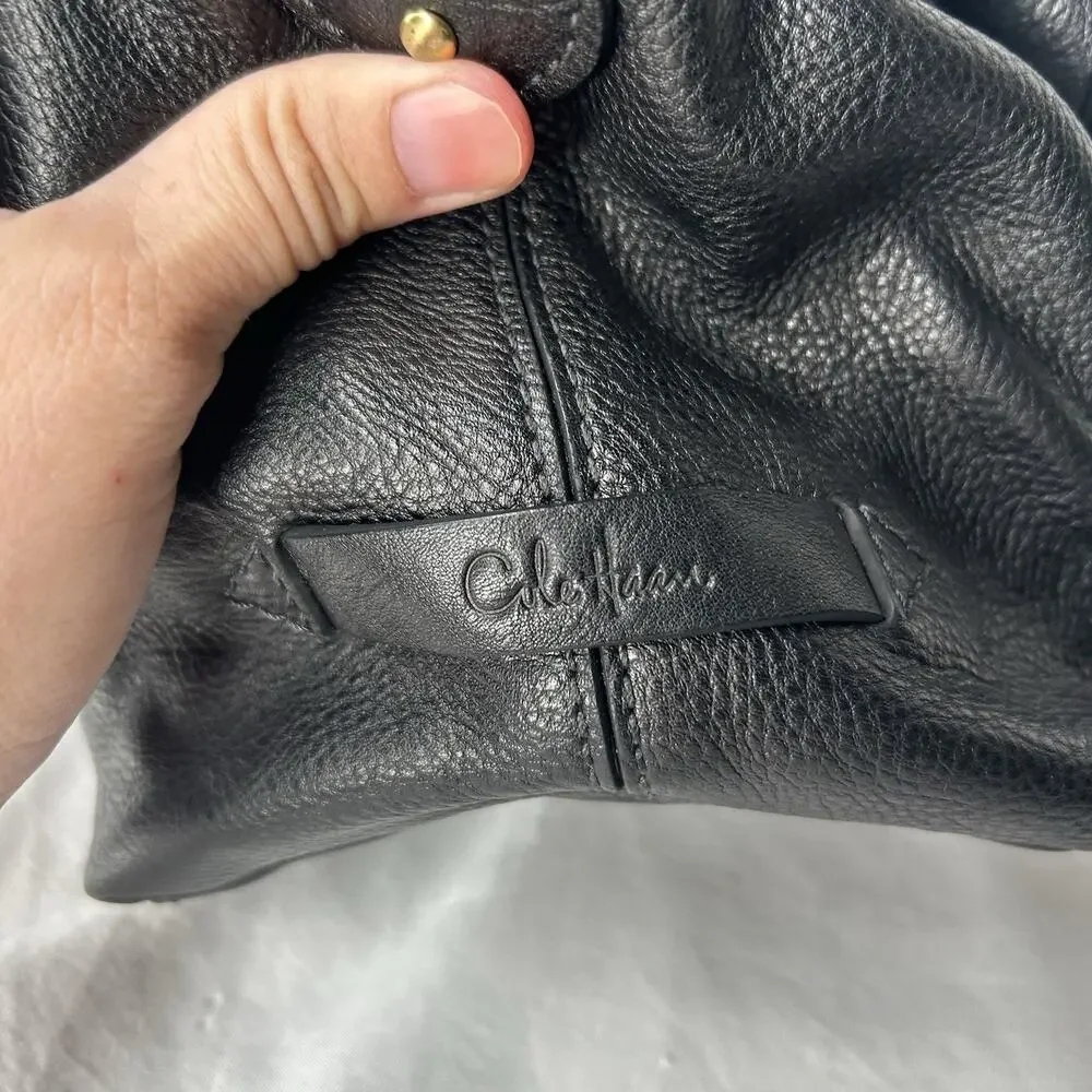 Cole Haan Black Pebbled Leather Shoulder Bag Braided Handles Magnetic Closure